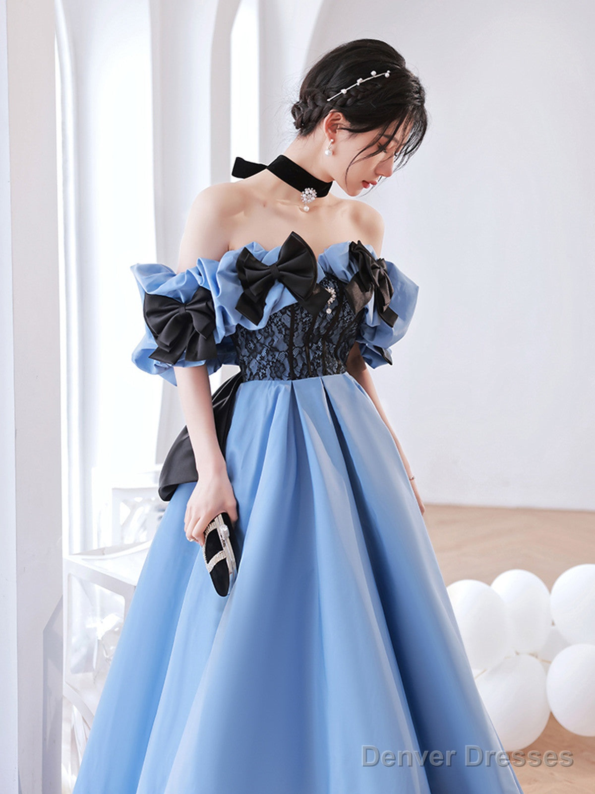Blue Satin Off Shoulder Black Lace Long Party Dress, A-Line Blue Prom Dress Evening Dress