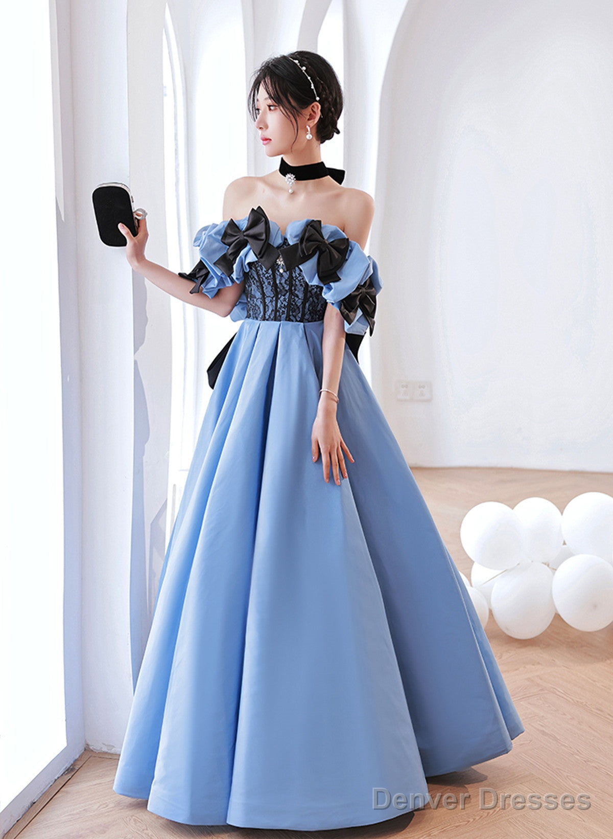 Blue Satin Off Shoulder Black Lace Long Party Dress, A-Line Blue Prom Dress Evening Dress