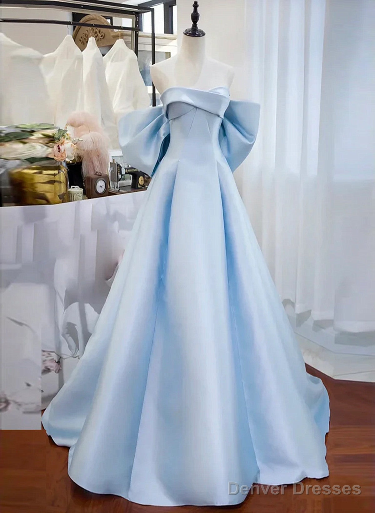 Blue Satin Off Shoulder Long Formal Dress, Blue Long Evening Dress Prom Dress Main image