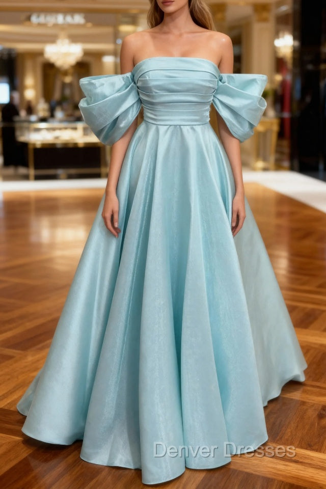 Blue Satin Off Shoulder Long Party Dress, A-line Blue Prom Dress Main image