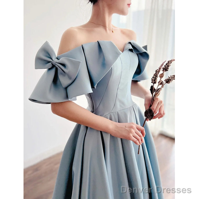 Blue Satin Off Shoulder Long Prom Dress With Bow, A-Line Party Dress Secondary image