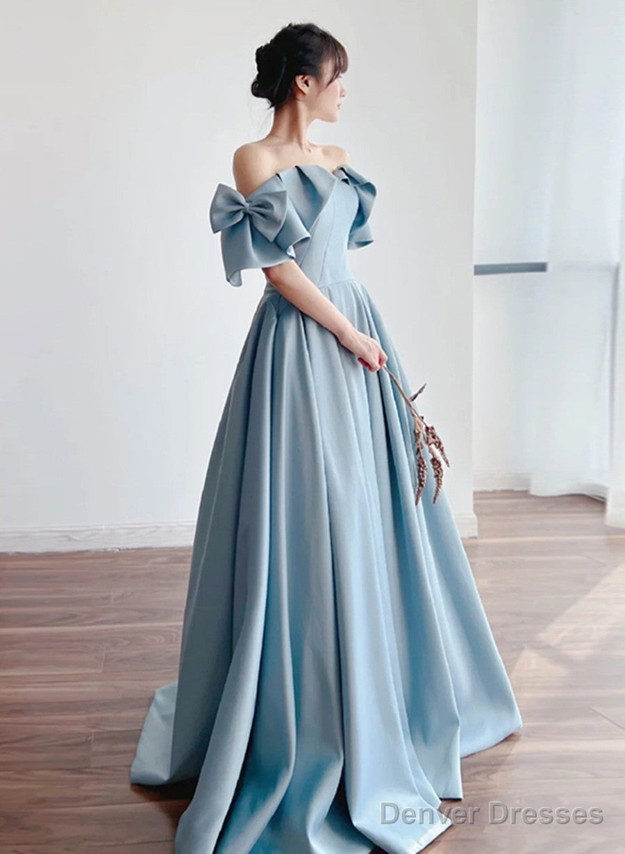 Blue Satin Off Shoulder Long Prom Dress With Bow, A-Line Party Dress