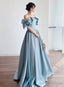 Blue Satin Off Shoulder Long Prom Dress With Bow, A-Line Party Dress