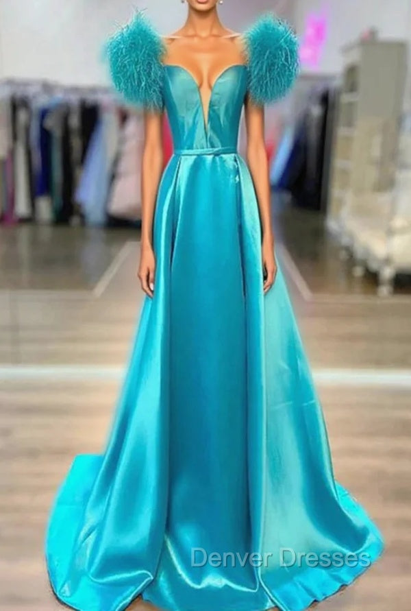 Blue Satin Off the Shoulder Feather Prom Dress