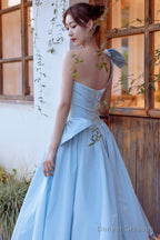 Blue Satin One Shoulder Floor Length Prom Dress, Lovely A-Line Evening Party Dress