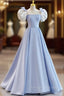 Blue Satin Puf Sleeve Bow Prom Dress