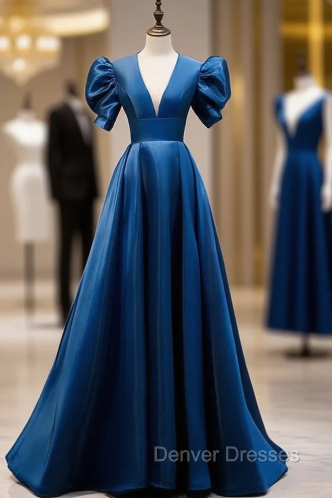 Blue Satin Puff Sleeve Backless Prom Dress