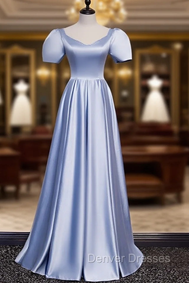 Blue Satin Puff Sleeve Pearls Beading Prom Dress Main image