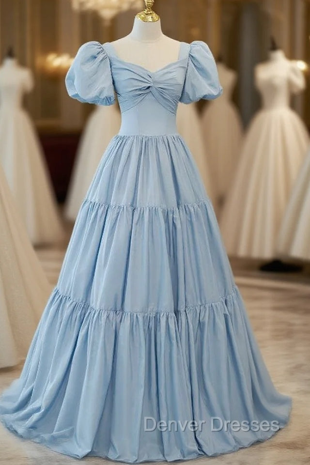 Blue Satin Puff Sleeve Pleats Prom Dress