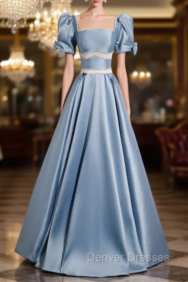 Blue Satin Puff Sleeve Square Beading Prom Dress Main image