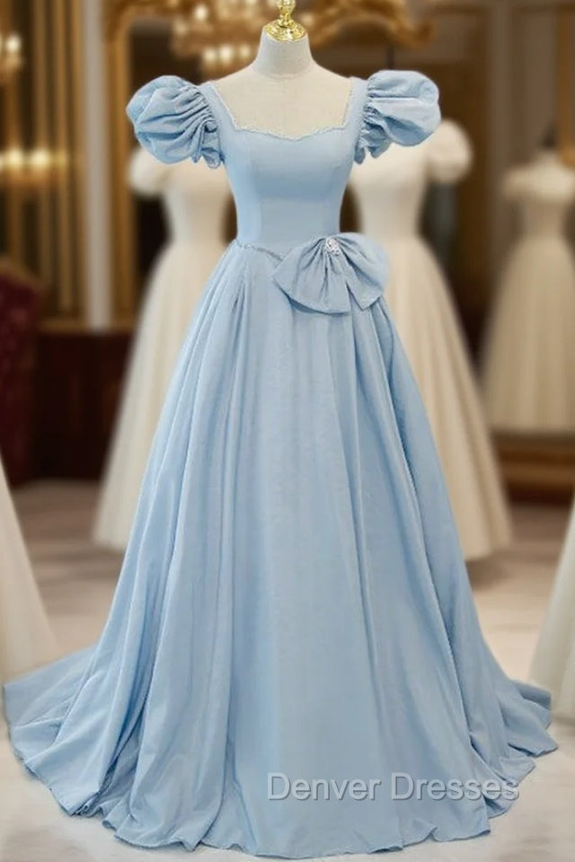 Blue Satin Puff Sleeve Square Prom Dress