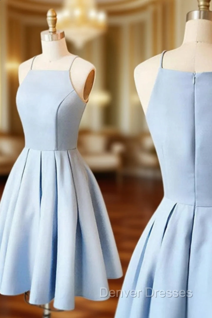 Blue Satin Short Halter Prom Dress Light Blue Short Homecoming Dress prom Dress shops Main image