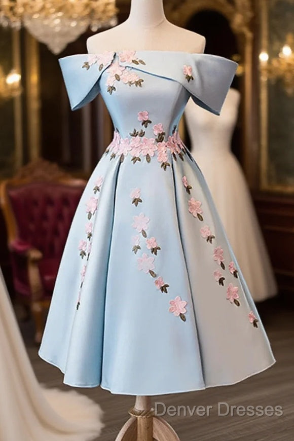 Blue Satin Short Party Dress With Flowers, Blue Knee Length Homecoming Dress Main image