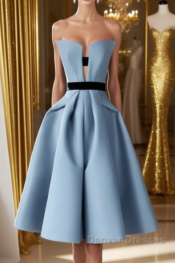 Blue satin short prom Dress, blue homecoming Dress Main image