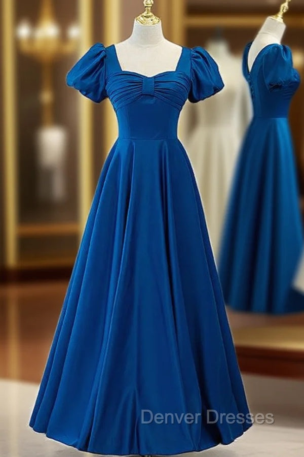 Blue Satin Short Sleeve Pleats Prom Dress Main image