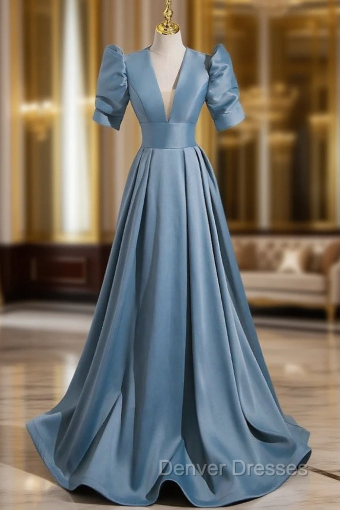 Blue Satin Short Sleeve V-neck Backless Prom Dress
