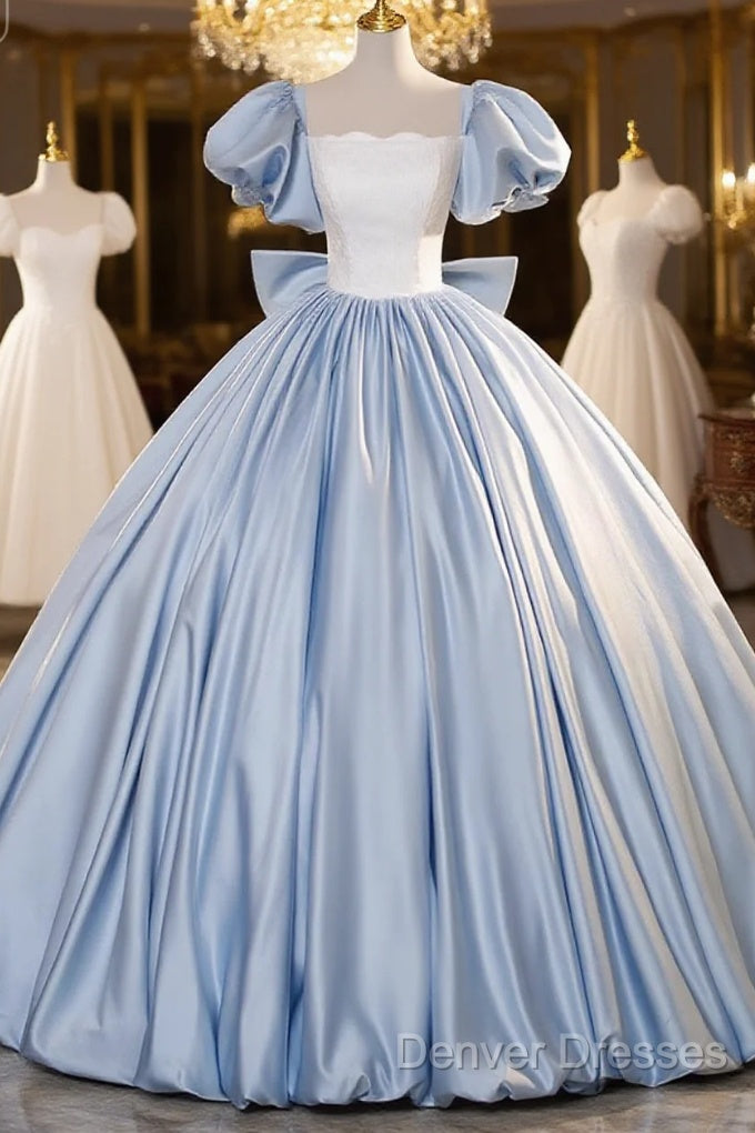 Blue Satin Short Sleeves Long Formal Dress, Blue Satin Sweet 16 Dress Main image