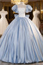 Blue Satin Short Sleeves Long Formal Dress, Blue Satin Sweet 16 Dress