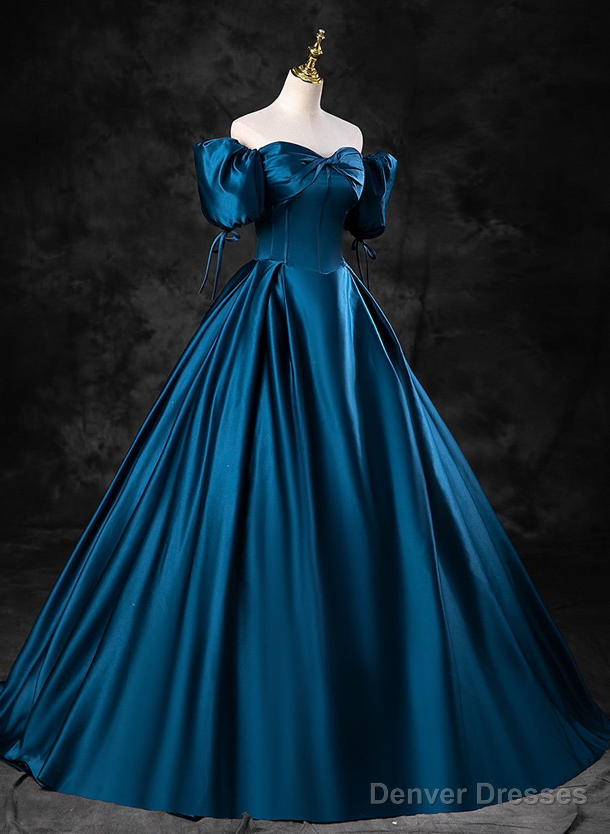 Blue Satin Short Sleeves Sweetheart Long Party Dress, Blue A-Line Prom Dress Evening Dress Secondary image