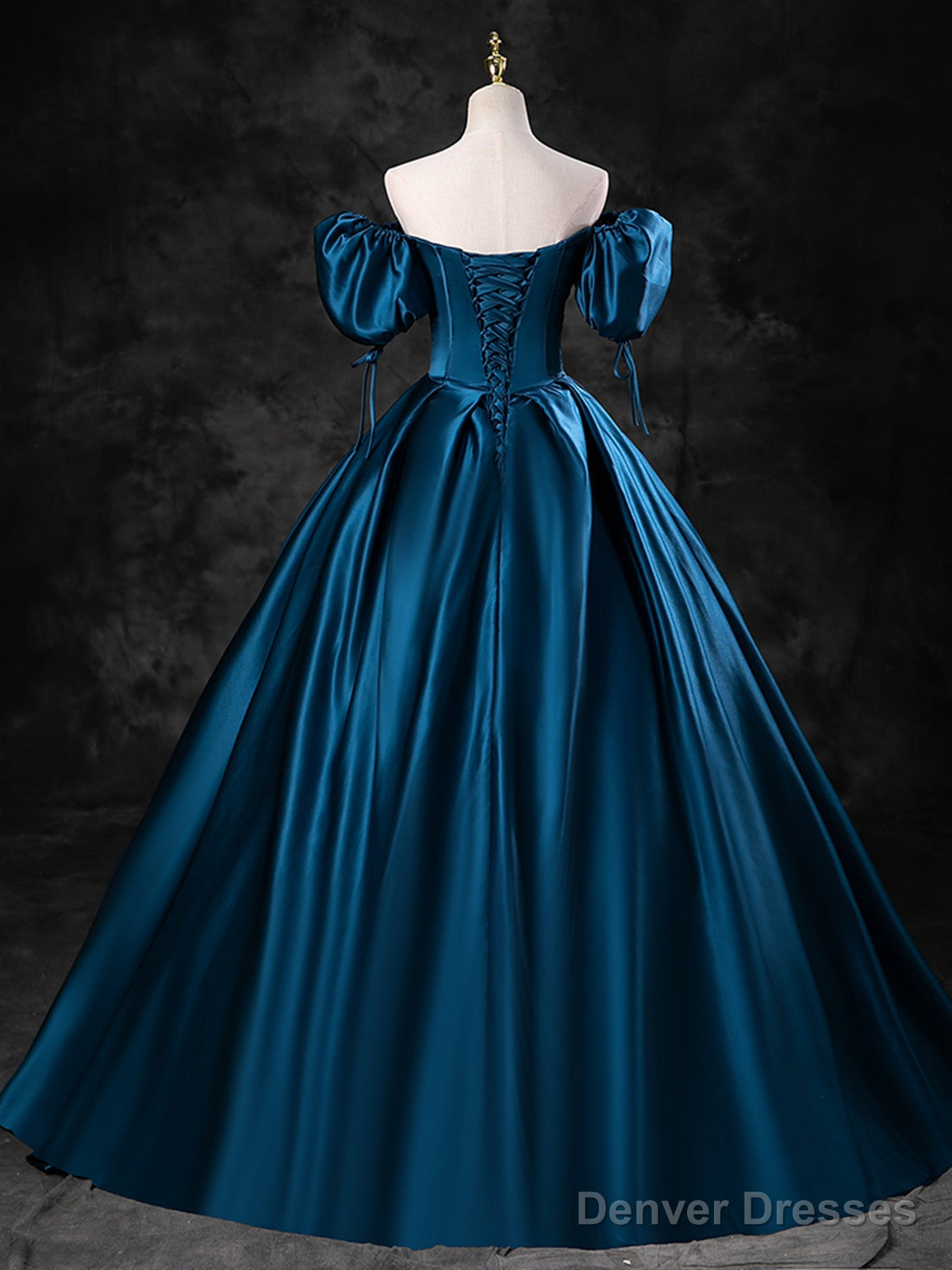 Blue Satin Short Sleeves Sweetheart Long Party Dress, Blue A-Line Prom Dress Evening Dress