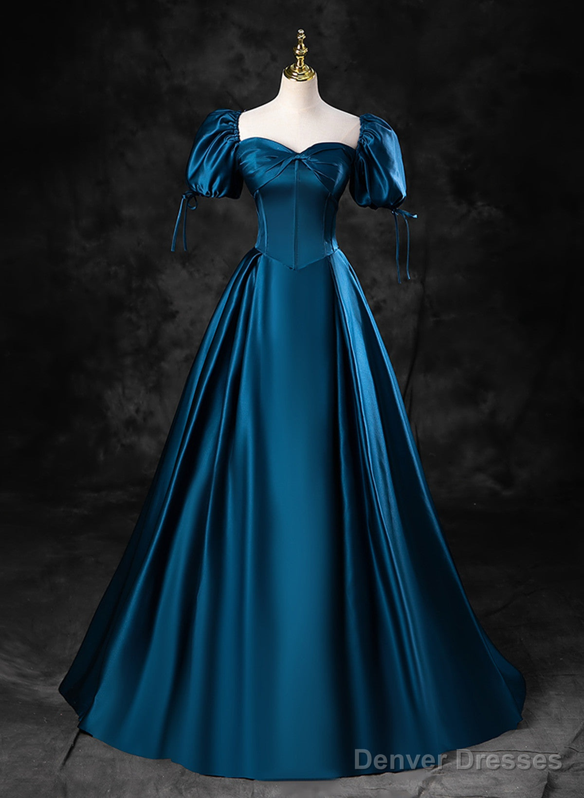 Blue Satin Short Sleeves Sweetheart Long Party Dress, Blue A-Line Prom Dress Evening Dress Main image