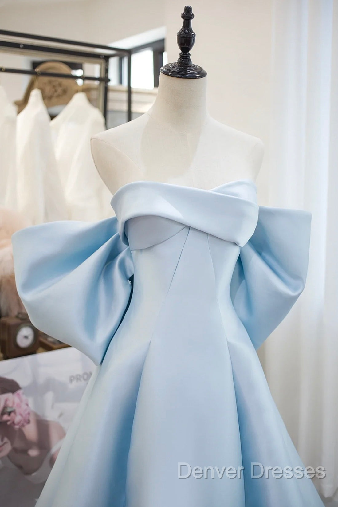 Blue Satin Spaghetti Strap Long Prom Dress With Big Bow, Blue A-Line Evening Party Dress Secondary image