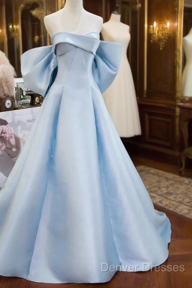 Blue Satin Spaghetti Strap Long Prom Dress With Big Bow, Blue A-Line Evening Party Dress Main image