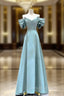 Blue Satin Spaghetti Straps Bow Prom Dress