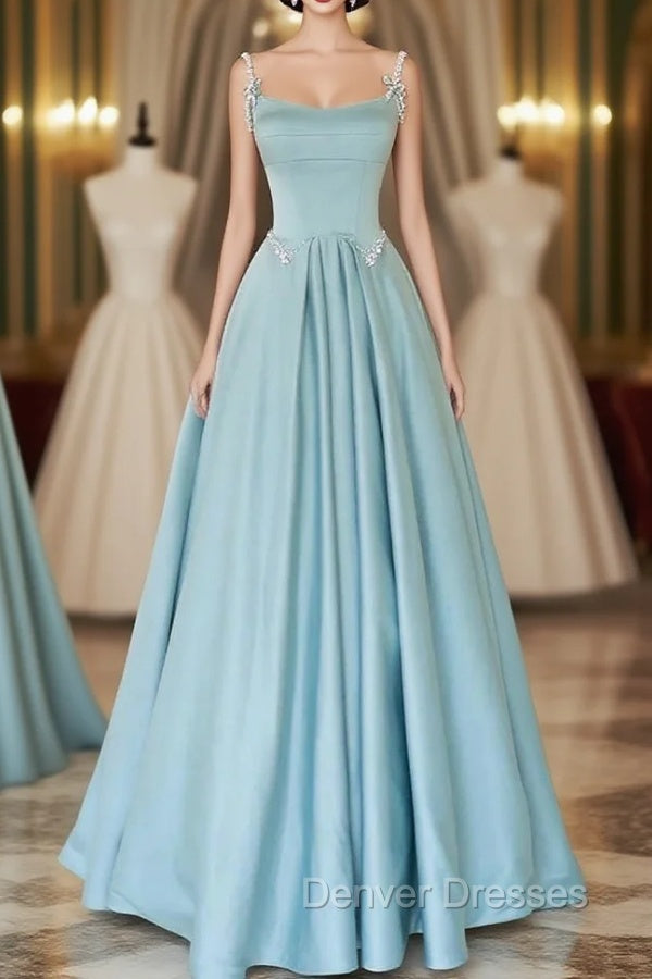 Blue Satin Spaghetti Straps Pearls Prom Dress