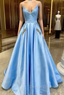Blue Satin Spaghetti Straps Pocket Beading Prom Dress
