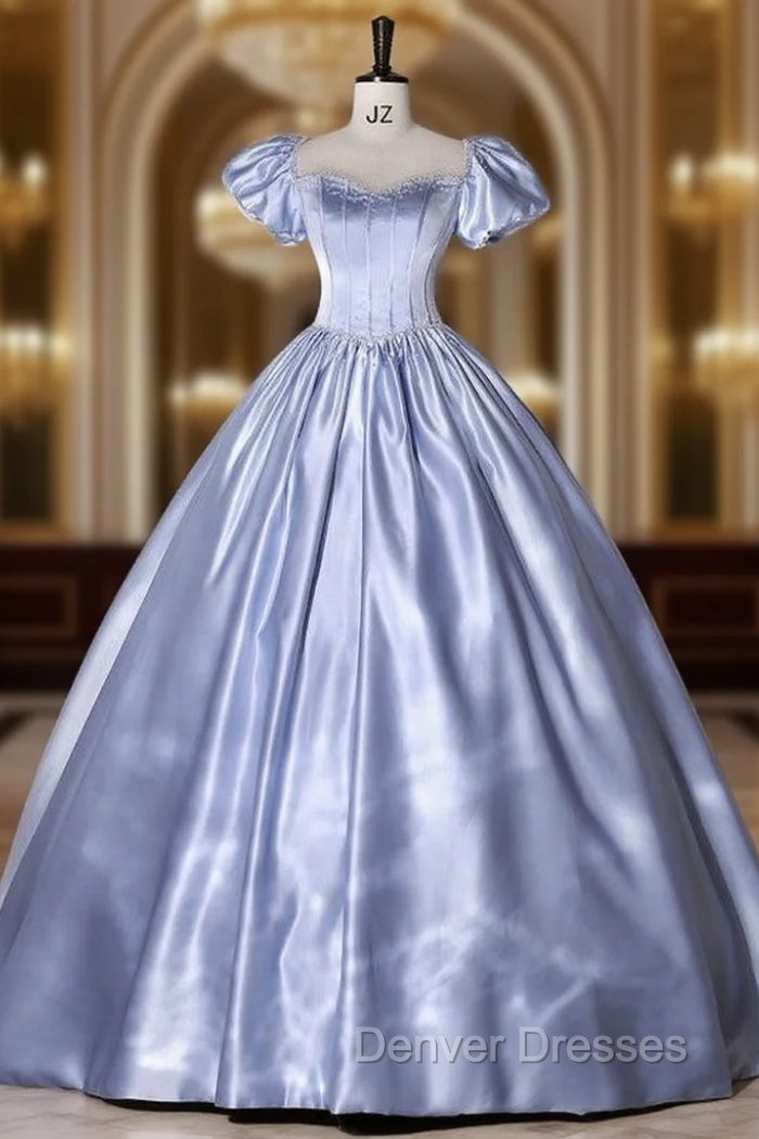 Blue Satin Square Puff Sleeve Beading Quinceanera Dress Main image