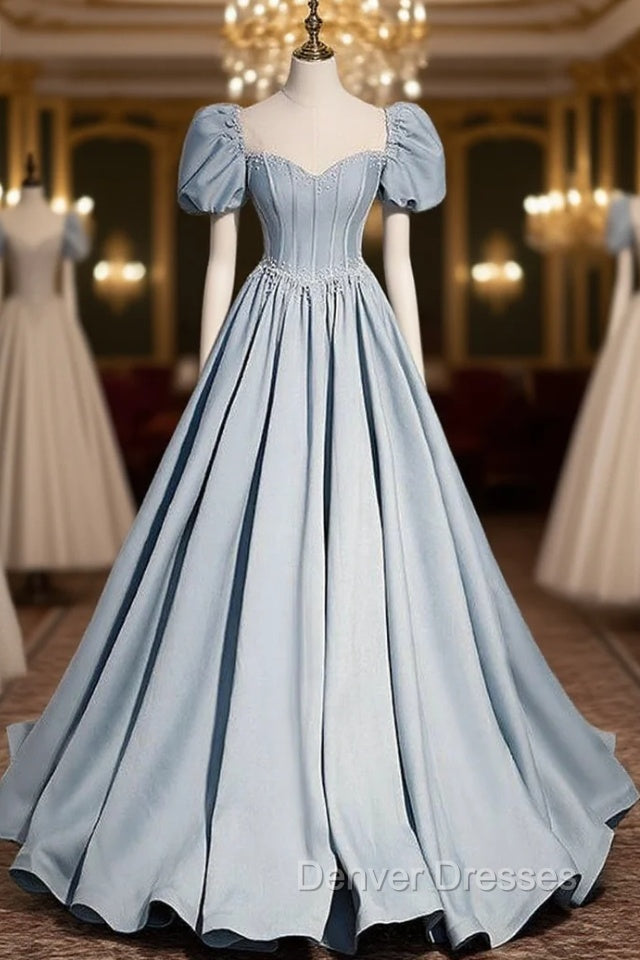 Blue Satin Square Puff Sleeve Pearls Prom Dress Main image