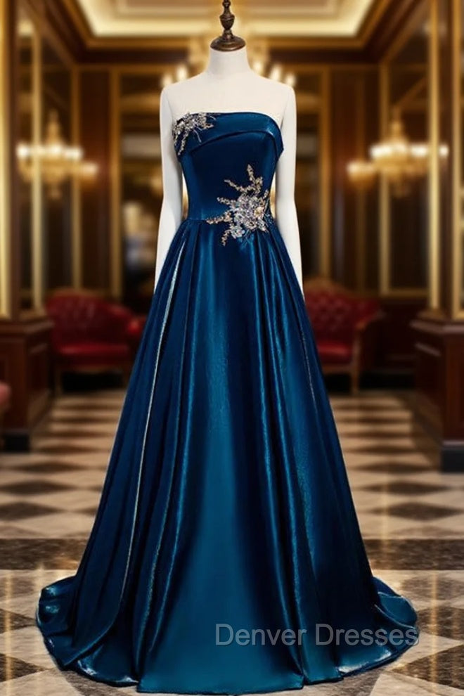 Blue Satin Strapless Beading Appliques Prom Dress
