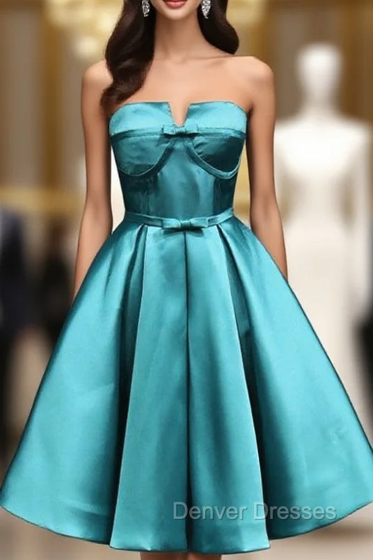 Blue Satin Strapless Bow Homecoming Dress