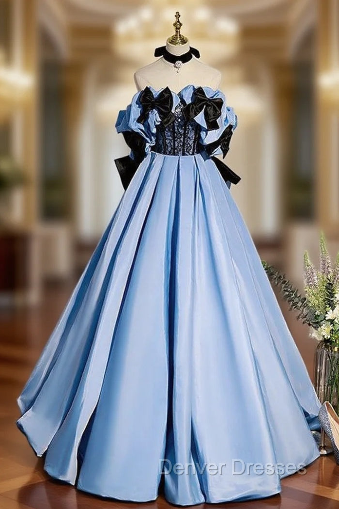 Blue Satin Strapless Bow Prom Dress
