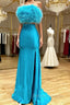 Blue Satin Strapless Feather Split Prom Dress