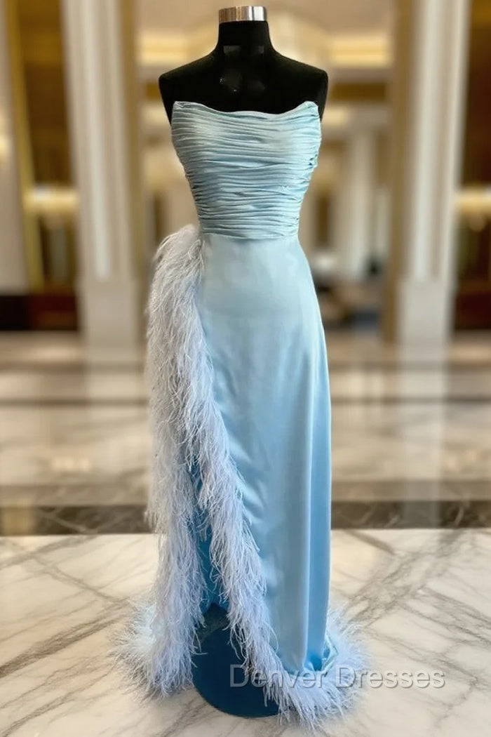 Blue Satin Strapless Pleats Feather Prom Dress