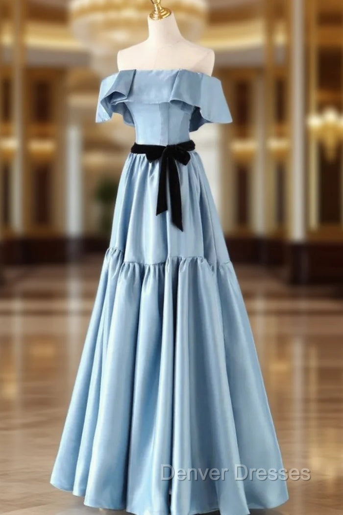 Blue Satin Strapless Prom Dress With Belt