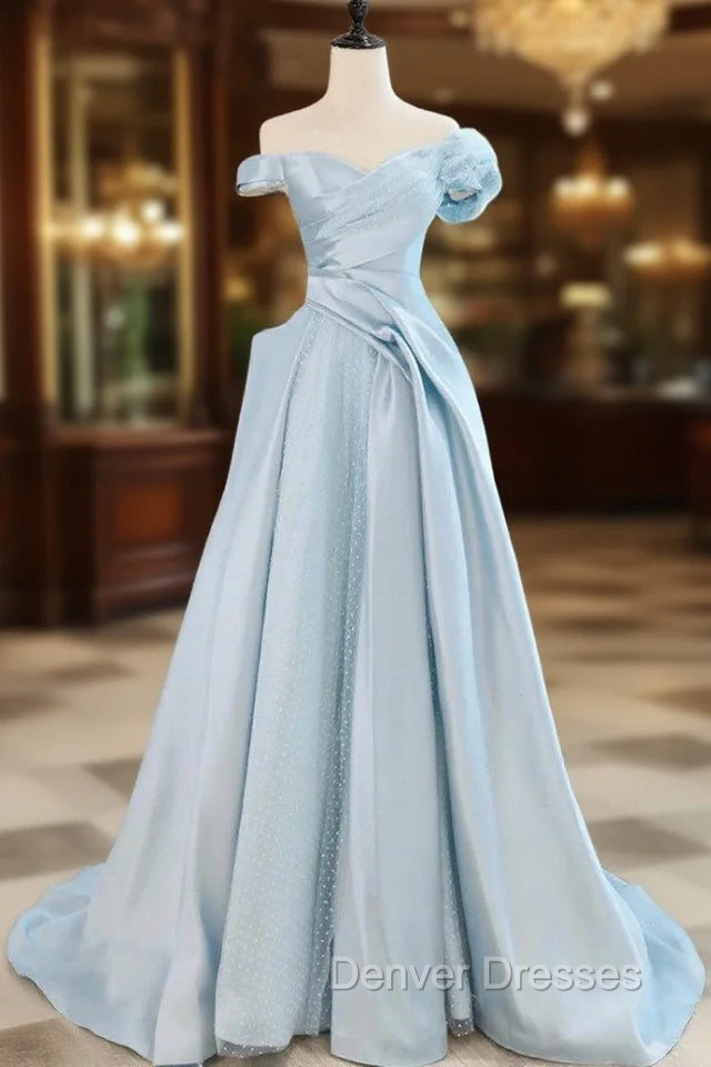 Blue Satin Tulle Off the Shoulder Prom Dress Main image