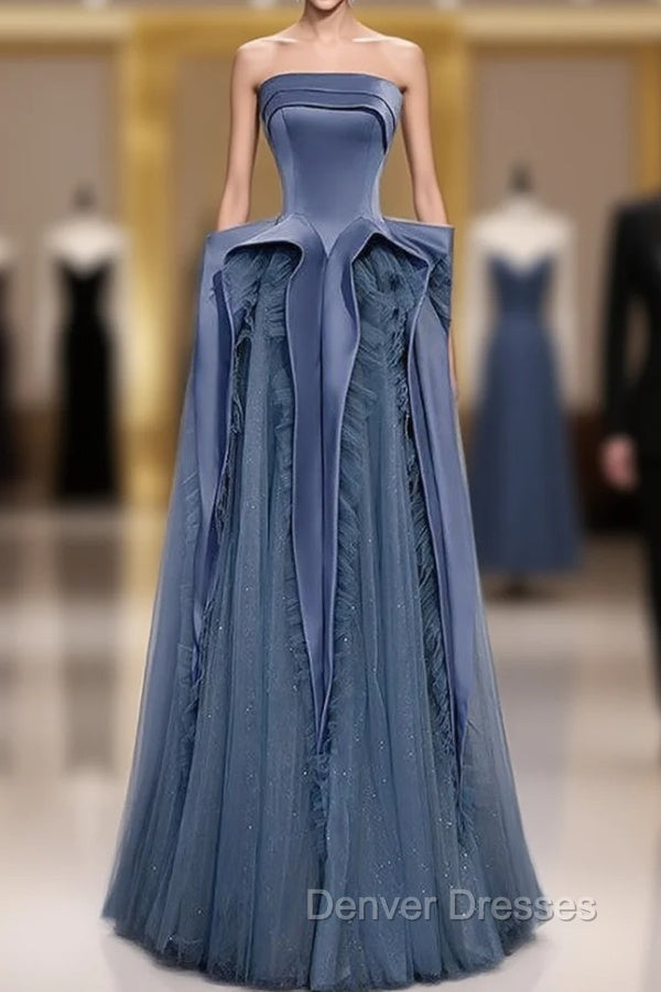Blue Satin Tulle Sequins Strapless Prom Dress