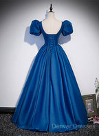 Blue Satin V-Neckline Short Sleeves Long Formal Dress, Blue Satin Prom Dress