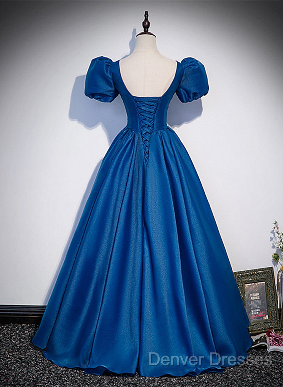 Blue Satin V-Neckline Short Sleeves Long Formal Dress, Blue Satin Prom Dress