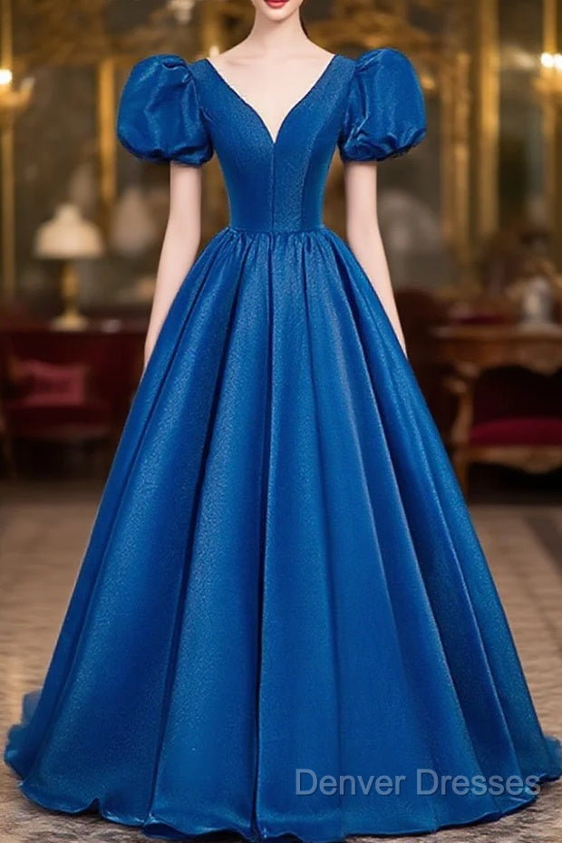 Blue Satin V-Neckline Short Sleeves Long Formal Dress, Blue Satin Prom Dress Main image