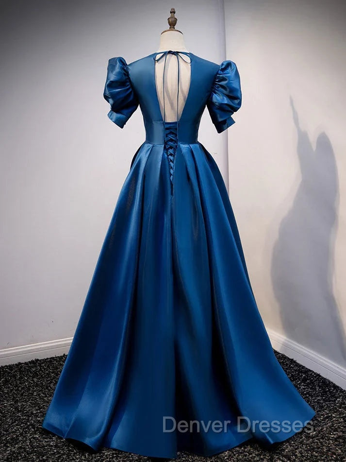 Blue Satin V-neckline Short Sleeves Party Dress Blue A-line Evening Dress prom Dress shops Secondary image