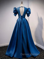 Blue Satin V-neckline Short Sleeves Party Dress Blue A-line Evening Dress prom Dress shops