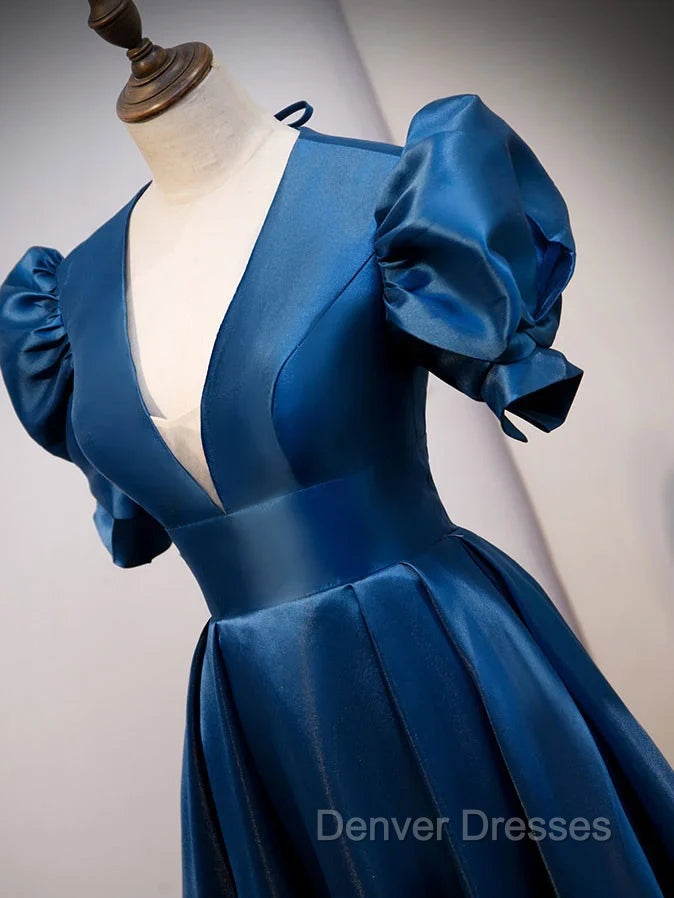 Blue Satin V-neckline Short Sleeves Party Dress Blue A-line Evening Dress prom Dress shops