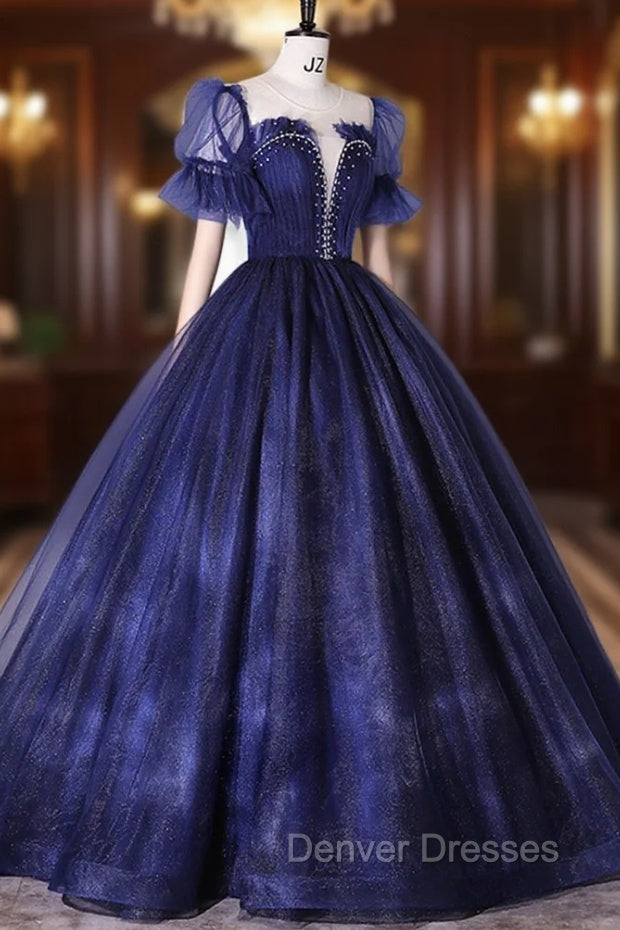 Blue Scoop Neckline Tulle Long Prom Dress, A-Line Short Sleeve Evening Gown