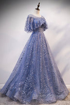 Blue Scoop Neckline Tulle Long Prom Dress, Shiny A-Line Formal Evening Dress