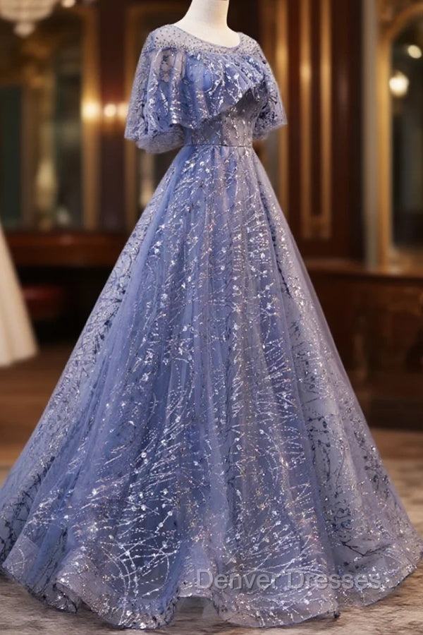 Blue Scoop Neckline Tulle Long Prom Dress, Shiny A-Line Formal Evening Dress