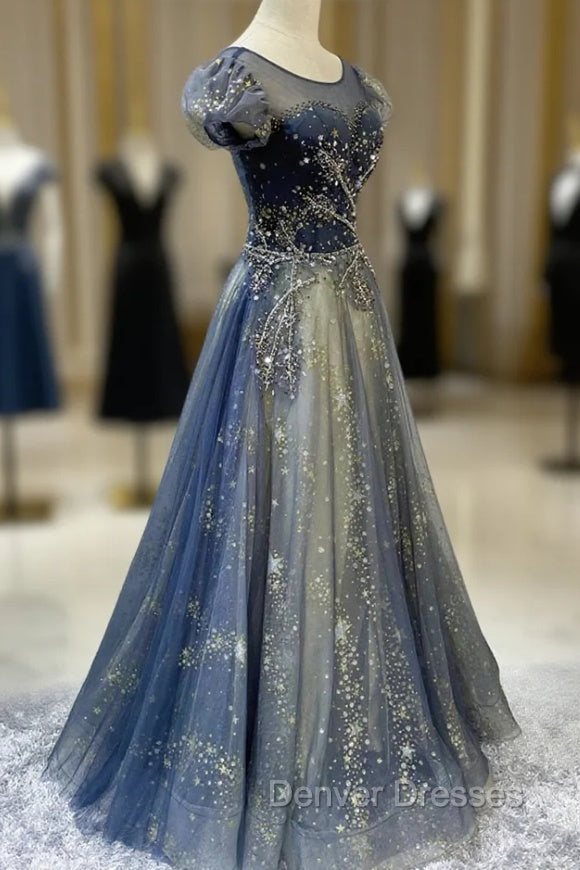 Blue Scoop Neckline Tulle Long Prom Dress with Beaded, A-Line Evening Party Dress
